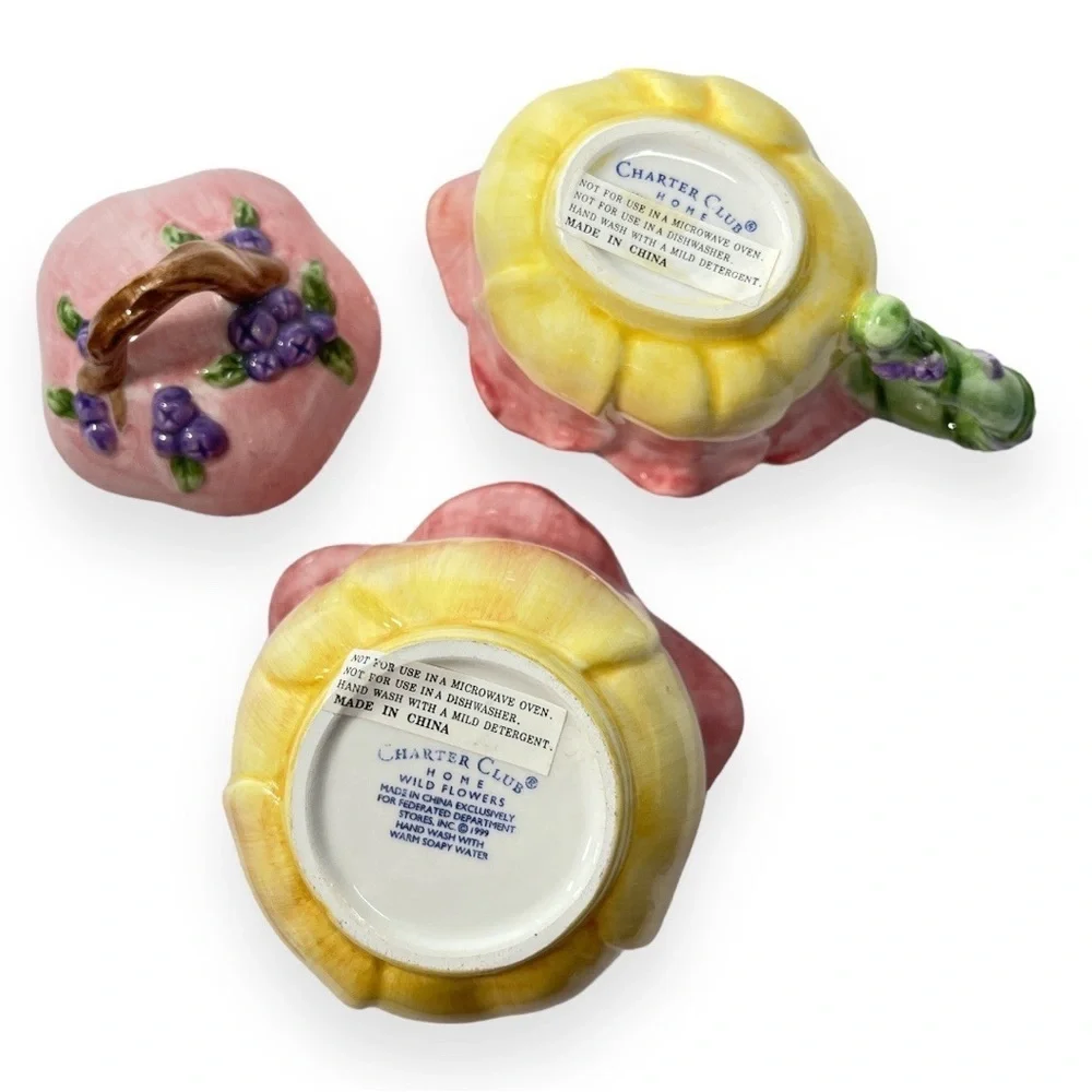 Charter Club Home Wild Flowers Creamer Sugar Bowl Lid Pink‎ Yellow Hand Painted